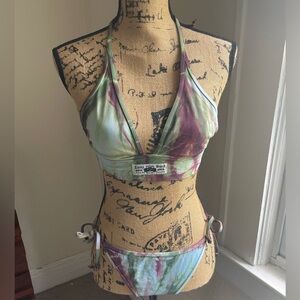 EUC Lucky Brand Light Blue/Green/Wine Tie-dye Halter String Bikini